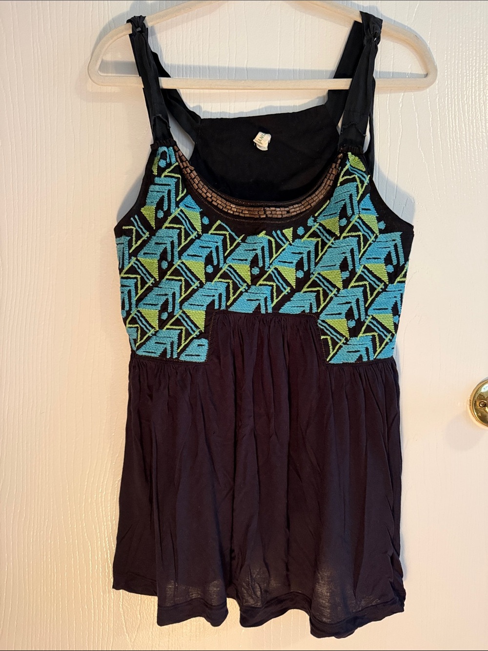 Black Sleeveless Tunic with Teal Embroidered Bodice
